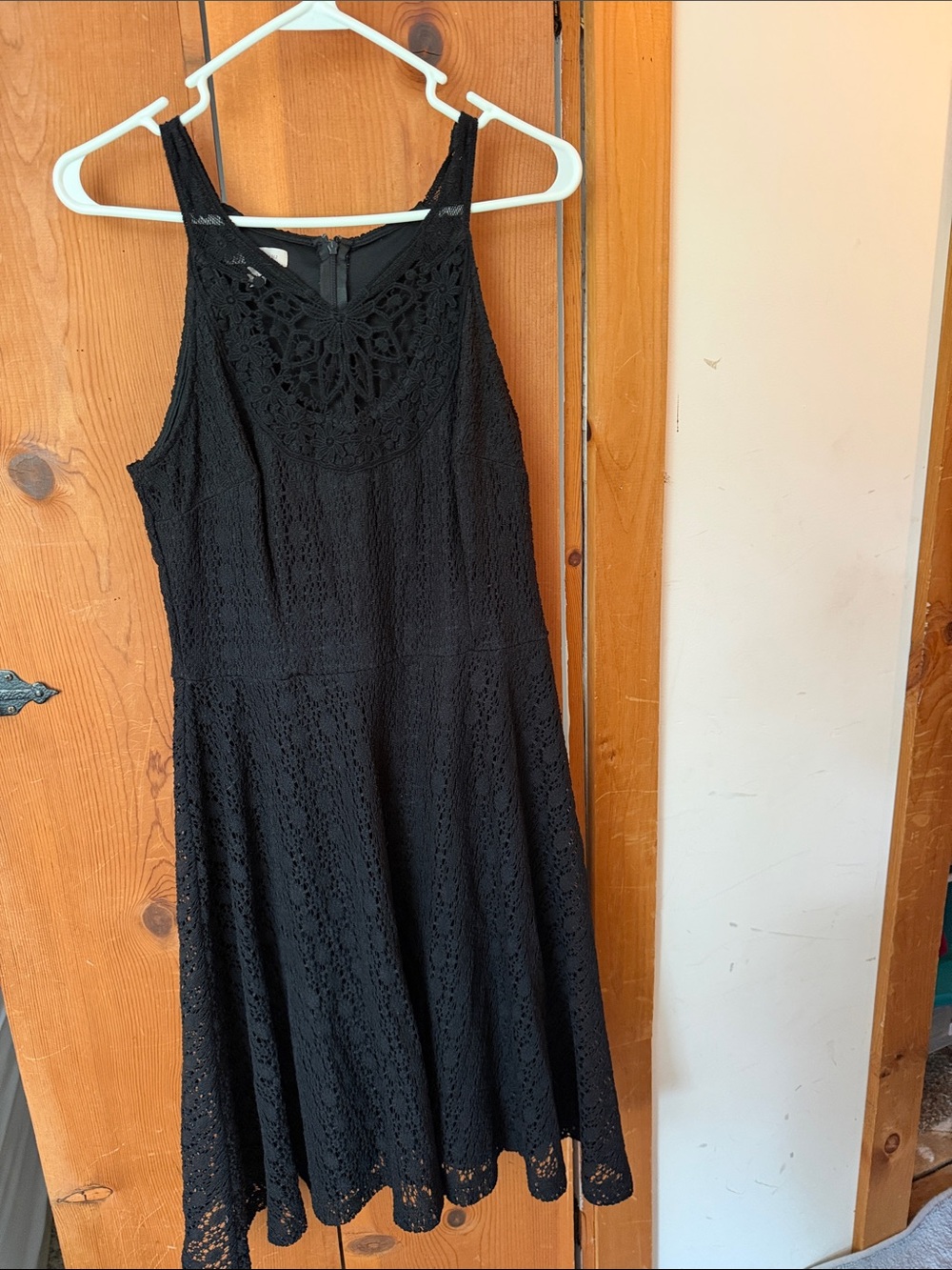 Women's Black Lace Midi Dress with Crochet Yoke